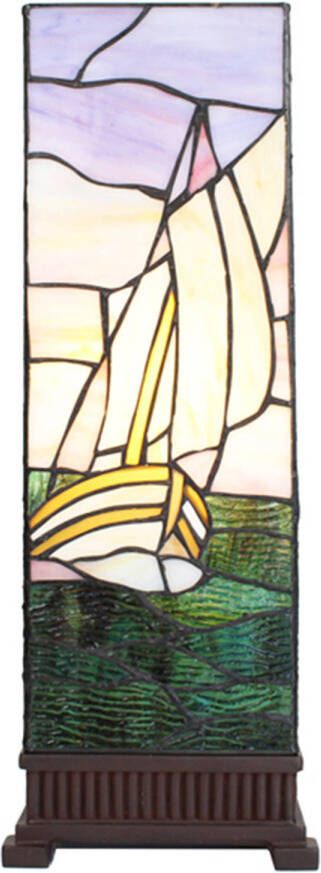 Clayre & Eef LumiLamp Tiffany Tafellamp 18x18x48 cm Beige Paars Glas Kunststof Vierkant Zeilboot Tiffany Bureaulamp Beige Tiffany