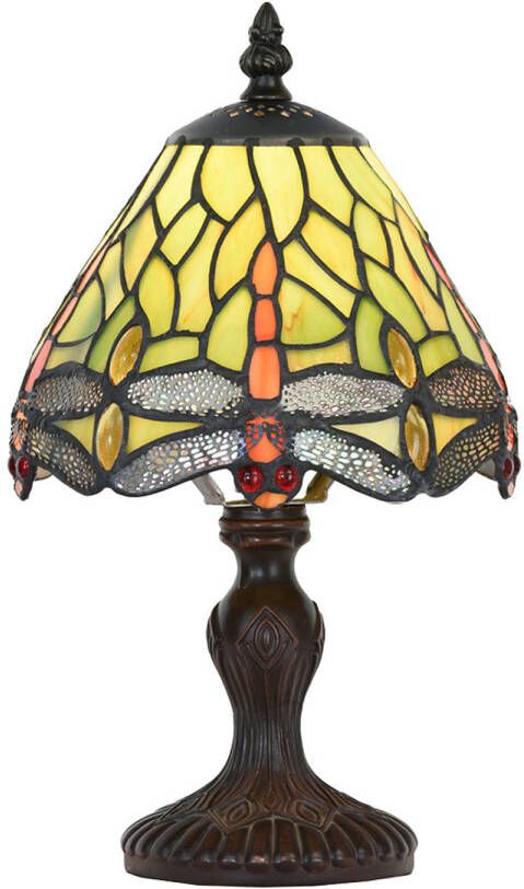 Clayre & Eef LumiLamp Tiffany Tafellamp Ø 18x30 cm Groen Glas Kunststof Libelle Tiffany Bureaulamp Groen Tiffany Bureaulamp