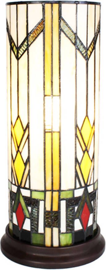 Clayre & Eef LumiLamp Tiffany Tafellamp Ø 18x40 cm Beige Geel Glas Rond Tiffany Bureaulamp Beige Tiffany Bureaulamp