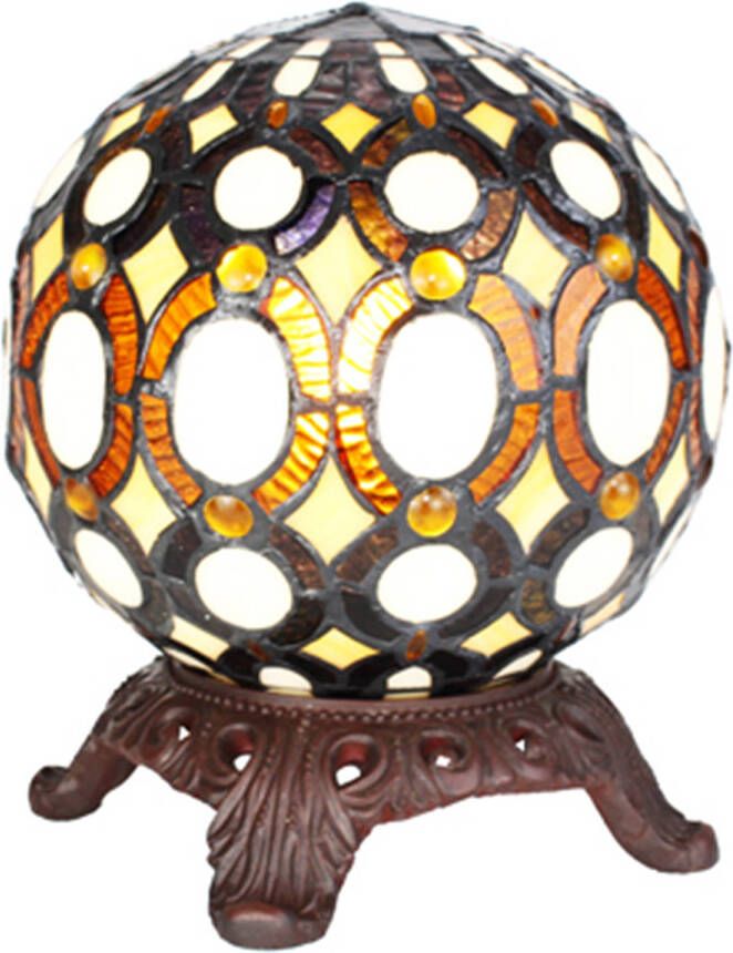 Clayre & Eef LumiLamp Tiffany Tafellamp Ø 20x25 cm Geel Glas Kunststof Rond Tiffany Bureaulamp Geel Tiffany Bureaulamp