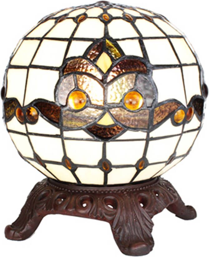 Clayre & Eef LumiLamp Tiffany Tafellamp Ø 20x25 cm Wit Zwart Glas Rond Tiffany Bureaulamp Wit Tiffany Bureaulamp