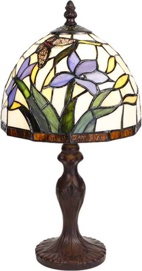 Clayre & Eef LumiLamp Tiffany Tafellamp Ø 20x36 cm Beige Blauw Glas Rond Bloemen Tiffany Bureaulamp Beige Tiffany Bureaulamp