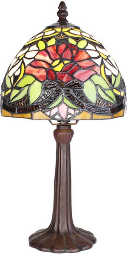Clayre & Eef LumiLamp Tiffany Tafellamp Ø 20x36 cm Meerkleurig Glas Kunststof Rond Tiffany Bureaulamp Meerkleurig Tiffany