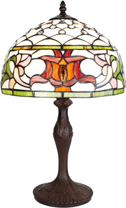 Clayre & Eef LumiLamp Tiffany Tafellamp Ø 30x49 cm Wit Groen Glas Rond Tiffany Bureaulamp Wit Tiffany Bureaulamp