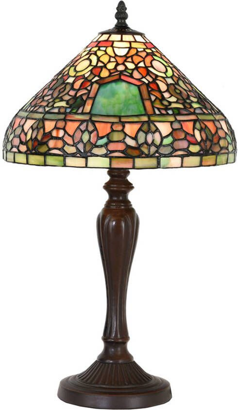 Clayre & Eef LumiLamp Tiffany Tafellamp Ø 30x53 cm Groen Bruin Glas Kunststof Rond Tiffany Bureaulamp Groen Tiffany Bureaulamp