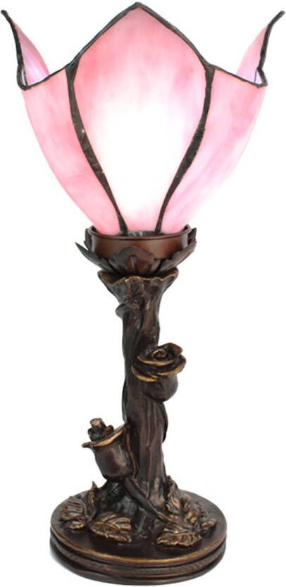 Clayre & Eef LumiLamp Tiffany Tafellamp 32 cm Roze Glas Tiffany Bureaulamp Roze Tiffany Bureaulamp