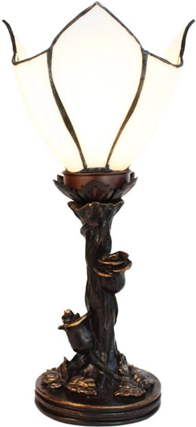 Clayre & Eef LumiLamp Tiffany Tafellamp 32 cm Wit Bruin Glas Tiffany Bureaulamp Wit Tiffany Bureaulamp