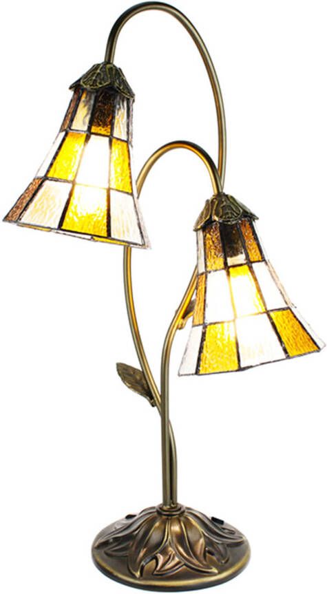 Clayre & Eef LumiLamp Tiffany Tafellamp 35x18x61 cm Beige Bruin Kunststof Glas Tiffany Bureaulamp Beige Tiffany Bureaulamp