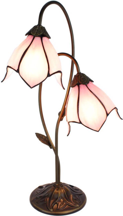 Clayre & Eef LumiLamp Tiffany Tafellamp 35x18x61 cm Bruin Roze Kunststof Glas Tiffany Bureaulamp Roze Tiffany Bureaulamp