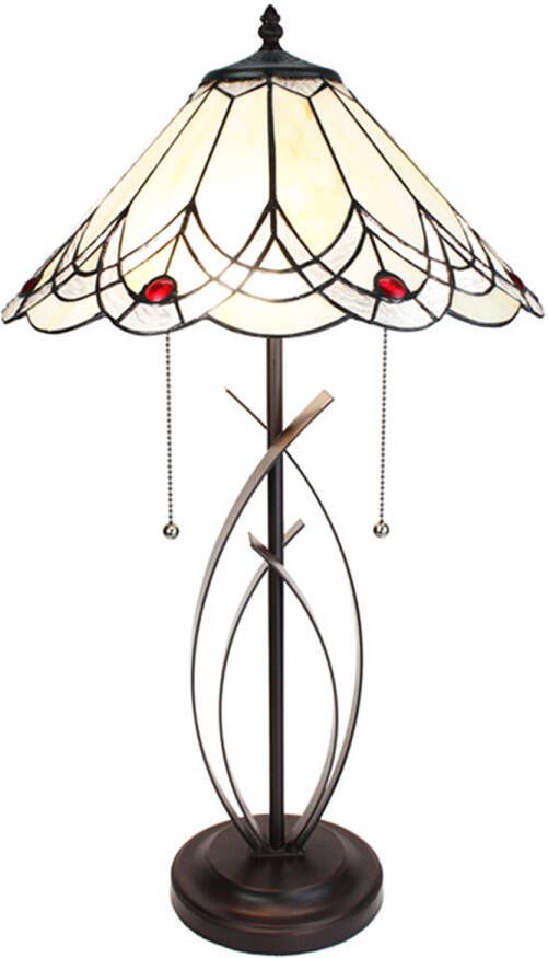 Clayre & Eef LumiLamp Tiffany Tafellamp Ø 39x69 cm Beige Glas Kunststof Rond Tiffany Bureaulamp Beige Tiffany Bureaulamp