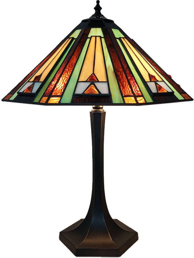 Clayre & Eef LumiLamp Tiffany Tafellamp Ø 41x54 cm Groen Bruin Glas Zink Tiffany Bureaulamp Groen Tiffany Bureaulamp