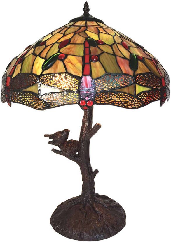 Clayre & Eef LumiLamp Tiffany Tafellamp Ø 41*57 cm E27 max 2*60W Geel Kunststof Glas Tiffany Bureaulamp Tiffany Lampen