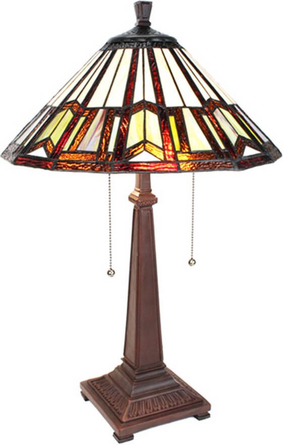 Clayre & Eef LumiLamp Tiffany Tafellamp Ø 41x64 cm Beige Bruin Glas Kunststof Rond Tiffany Bureaulamp Beige Tiffany Bureaulamp