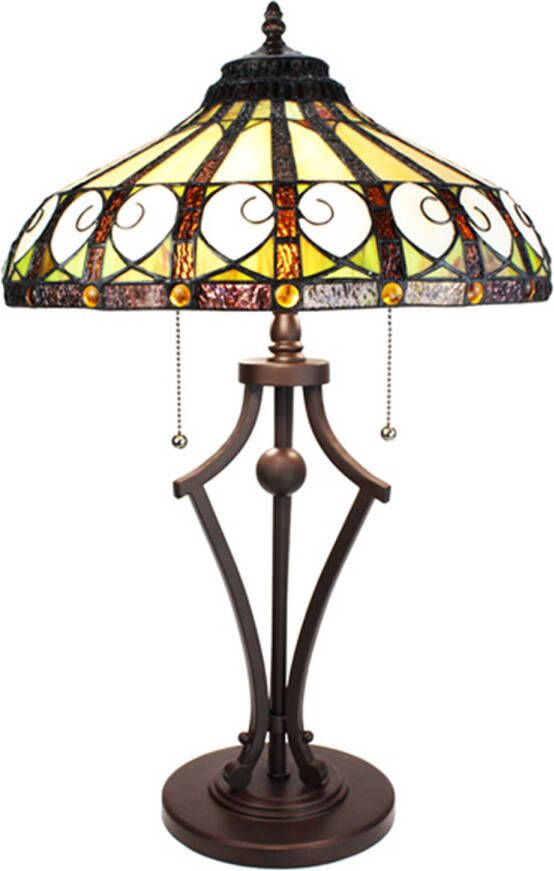 Clayre & Eef LumiLamp Tiffany Tafellamp Ø 41x64 cm Beige Groen Glas Rond Tiffany Bureaulamp Beige Tiffany Bureaulamp