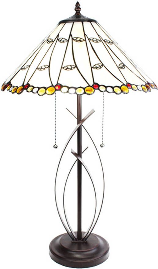 Clayre & Eef LumiLamp Tiffany Tafellamp Ø 41x68 cm Beige Glas Rond Tiffany Bureaulamp Beige Tiffany Bureaulamp