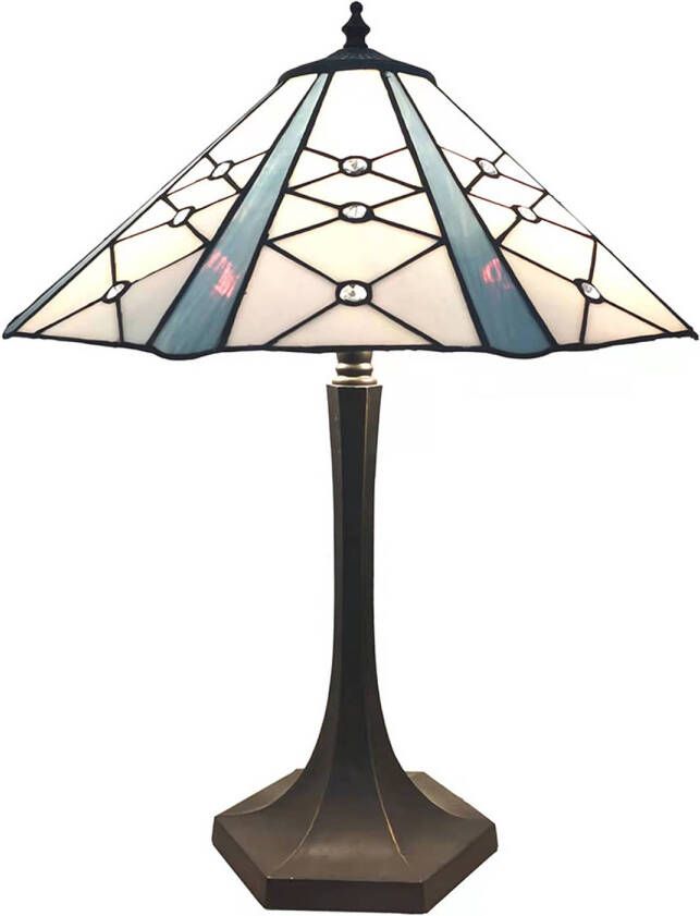 Clayre & Eef LumiLamp Tiffany Tafellamp Ø 42x54 cm Wit Grijs Glas Zink Tiffany Bureaulamp Wit Tiffany Bureaulamp
