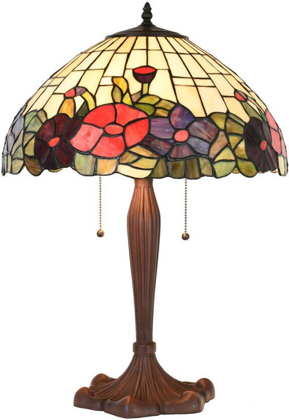 HAES deco Tiffany Tafellamp Ø 42x60 cm Beige Rood Glas Kunststof Rond Bloemen Tiffany Bureaulamp Tiffany Lampen Glas in Lood