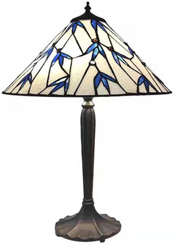 Clayre & Eef LumiLamp Tiffany Tafellamp Ø 42x63 cm Blauw Wit Glas Zink Tiffany Bureaulamp Blauw Tiffany Bureaulamp