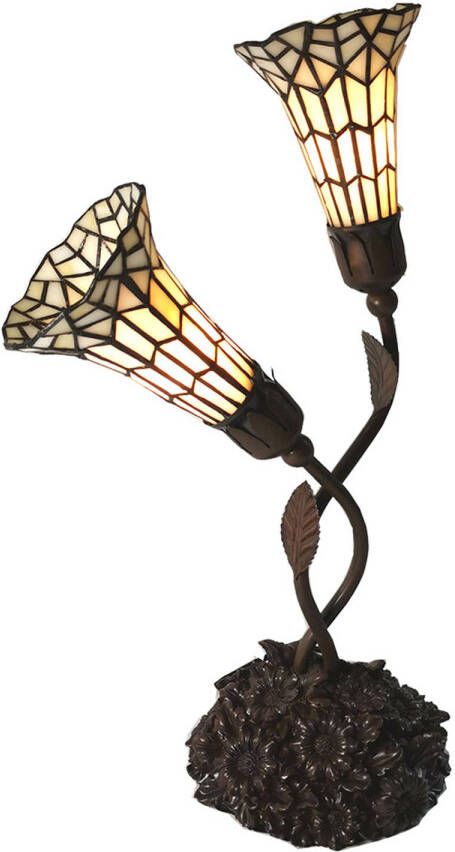 Clayre & Eef LumiLamp Tiffany Tafellamp 44*26*61 cm Meerkleurig Glas in lood Tiffany Bureaulamp Tiffany Lampen Tiffany BureaulampTiffany Lampen