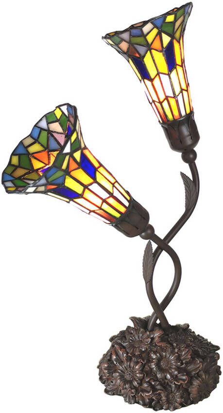 Clayre & Eef LumiLamp Tiffany Tafellamp 46*28*63 cm Meerkleurig Glas in lood Tiffany Bureaulamp Tiffany Lampen Tiffany BureaulampTiffany Lampen