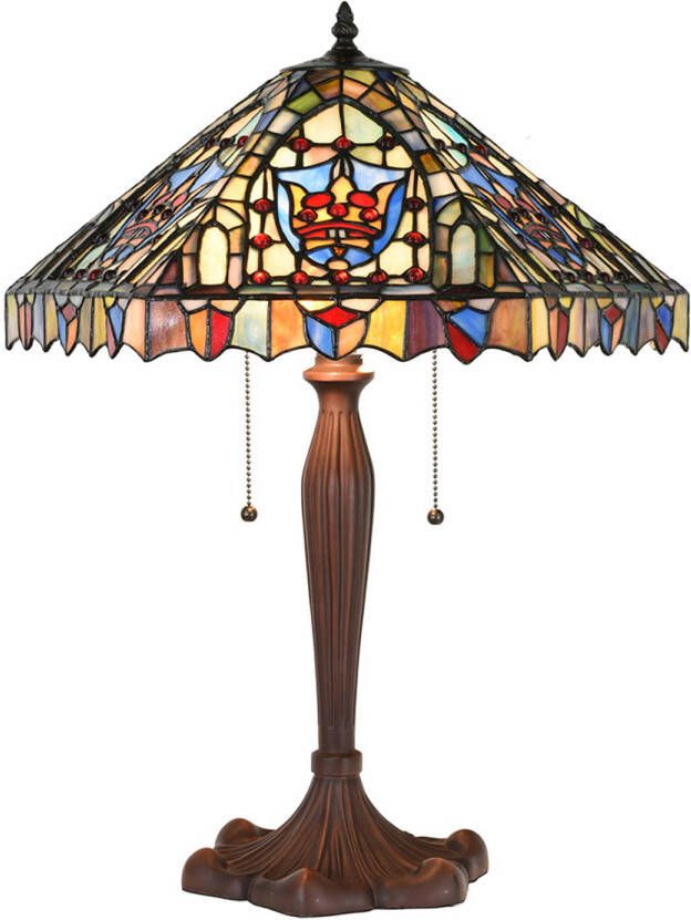 Clayre & Eef LumiLamp Tiffany Tafellamp Ø 47x60 cm Beige Blauw Glas Kunststof Rond Tiffany Bureaulamp Beige Tiffany Bureaulamp