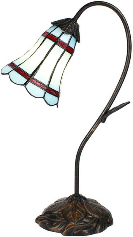 Clayre & Eef LumiLamp Tiffany Tafellamp 48 cm Blauw Glas Tiffany Bureaulamp Bruin Tiffany Bureaulamp