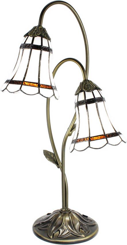 Clayre & Eef LumiLamp Tiffany Tafellamp 61 cm Bruin Wit Kunststof Glas Tiffany Bureaulamp Bruin Tiffany Bureaulamp