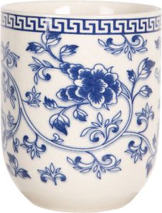 Clayre & Eef Mok 100 ml Beige Blauw Porselein Rond Theemok Koffiemok Beker Blauw Theemok Koffiemok