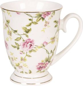 Clayre & Eef Mok 200 ml Wit Porselein Rond Bloemen Koffiemok Beker Drinkbeker Wit Koffiemok Beker