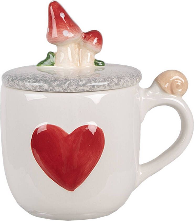 Clayre & Eef Mok 400 ml Wit Rood Keramiek Paddenstoelen Koffiemok Wit Koffiemok