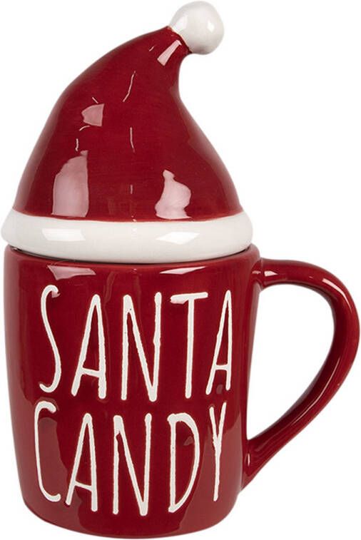 Clayre & Eef Mok Kerstmuts 300 ml Rood Keramiek SANTA CANDY Drinkbeker Rood Drinkbeker