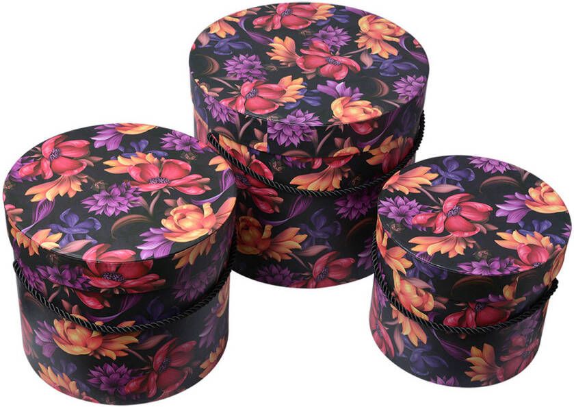 Clayre & Eef Opbergdoos Set van 3 Ø 23x20 Ø 20x17 Ø 17x14 cm Oranje Karton Rond Bloemen Oranje