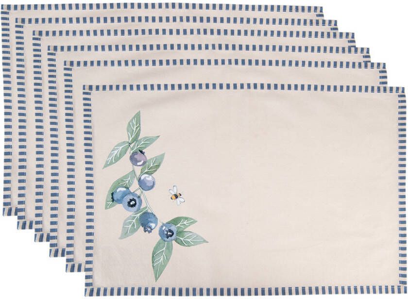 Clayre & Eef Placemats Set van 6 48x33 cm Beige Blauw Katoen Rechthoek Bosbessen Tafelmat Beige Tafelmat