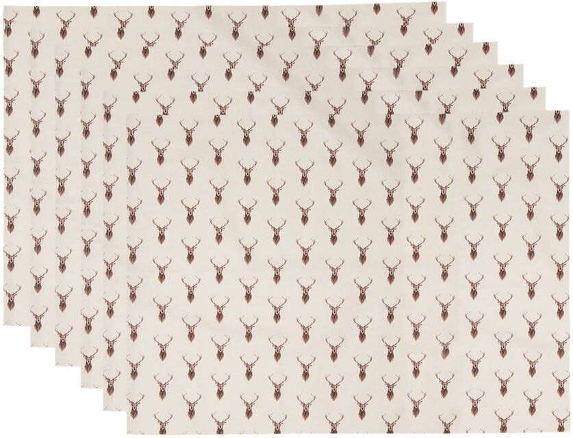 Clayre & Eef Placemats Set van 6 48x33 cm Beige Rood Katoen Rechthoek Hert Tafelmat Beige Tafelmat