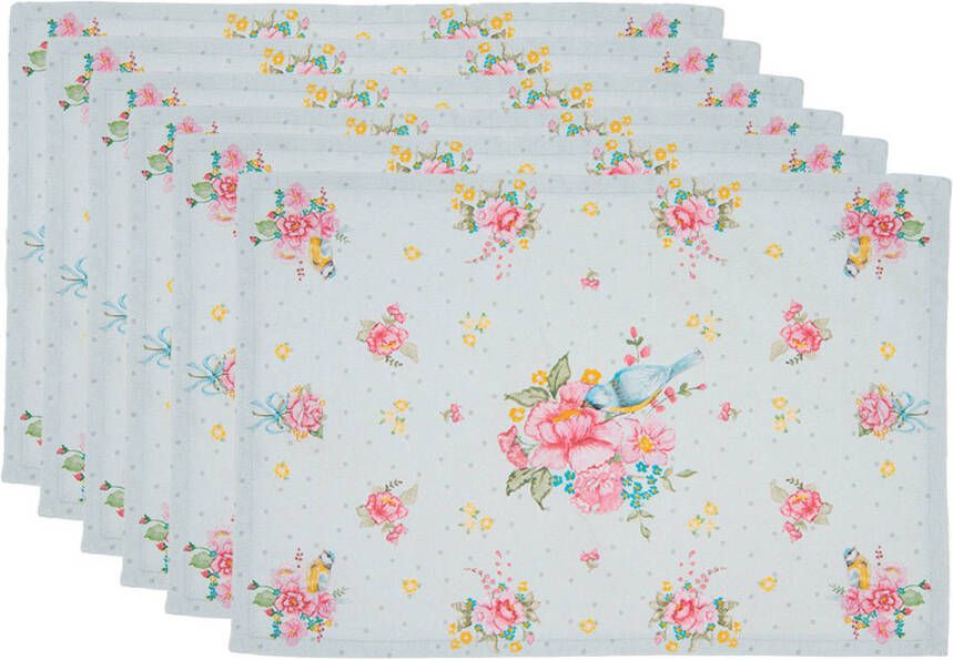 Clayre & Eef Placemats Set van 6 48x33 cm Groen Katoen Bloemen Tafelmat Groen Tafelmat