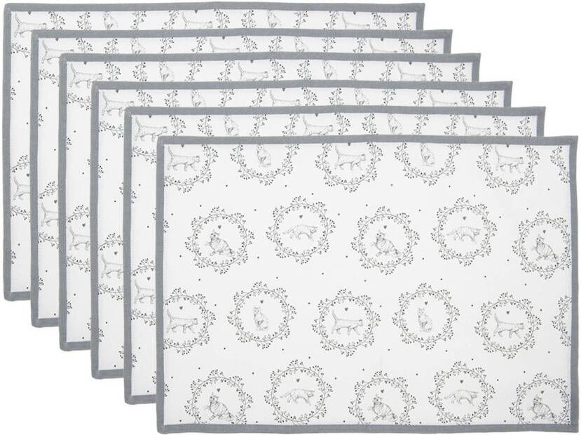 Clayre & Eef Placemats Set van 6 48x33 cm Wit Grijs Katoen Kat Wit