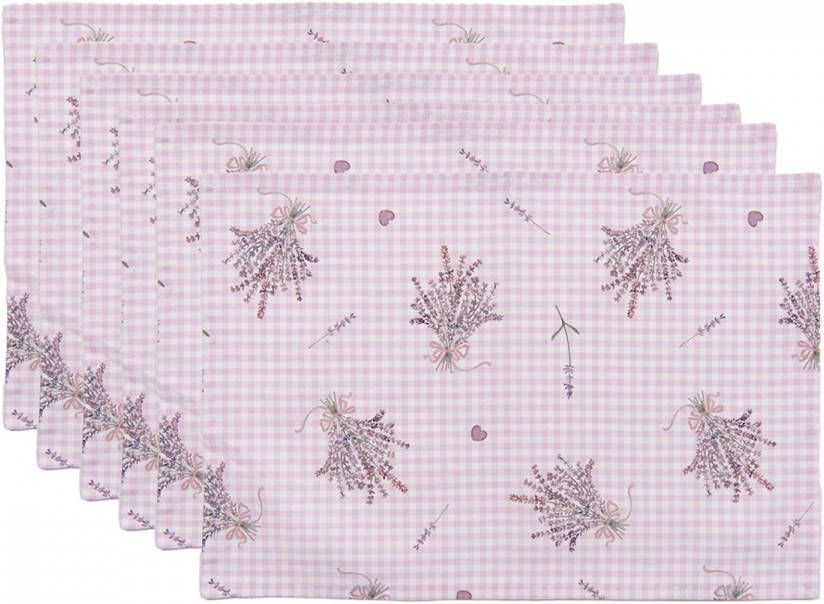 Clayre & Eef Placemats Set van 6 48x33 cm Paars Wit Katoen Rechthoek Lavendel Tafelmat Paars Tafelmat