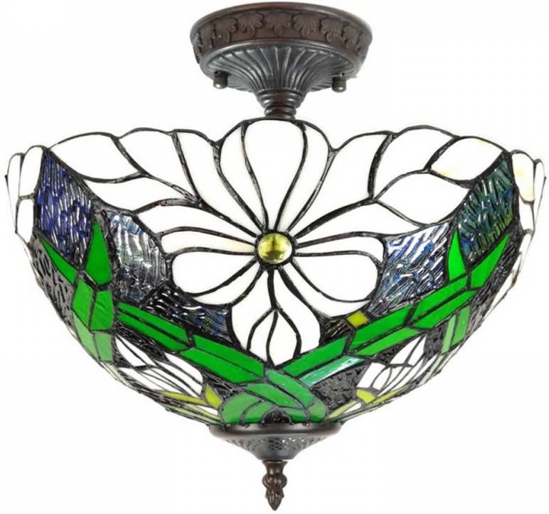 Clayre & Eef Plafondlamp Tiffany Ø 36x35 cm Wit Groen Kunststof Glas