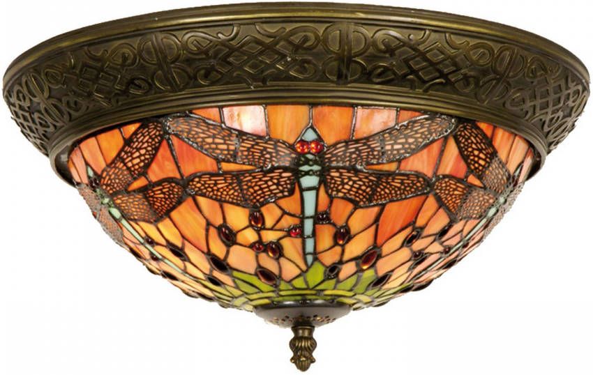 Clayre & Eef plafondlamp tiffany libelle compleet 19 x ø 38 cm bruin rood brons ijzer glas