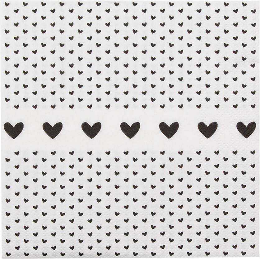 Clayre & Eef Servetten Papier Set van 20 33x33 cm (20) Wit Zwart Papier Vierkant Harten Servetten Papieren Wit