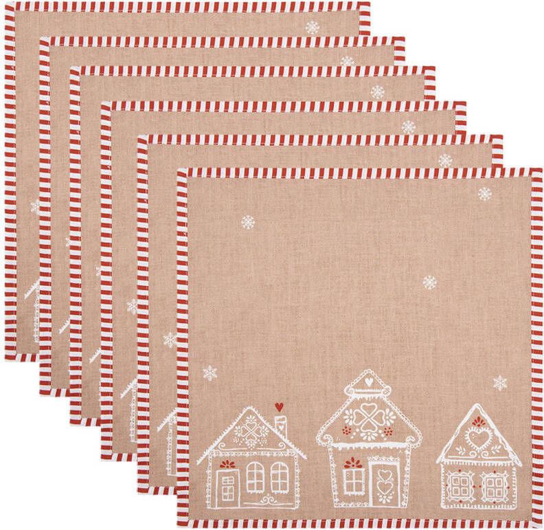 Clayre & Eef Servetten Katoen Set van 6 40x40 cm Bruin Katoen Gingerbread house Bruin