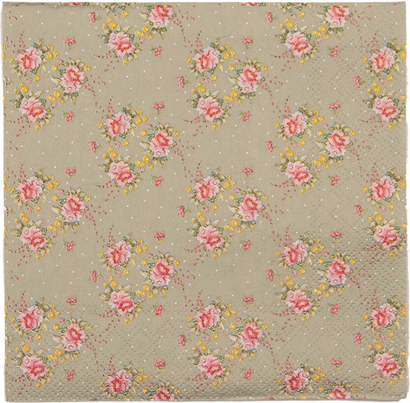 Clayre & Eef Servetten Papier Set van 20 33x33 cm (20) Groen Roze Papier Bloemen Servetten Papieren Groen Servetten