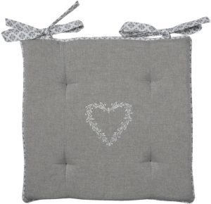 Clayre & Eef Stoelkussen Foam 40x40x4 Cm Grijs Katoen Harten Ruiten Zitkussen Tuinkussen Tuinstoelkussen Grijs