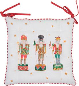 Clayre & Eef Stoelkussen Foam 40x40x4 Cm Wit Rood Katoen Vierkant Notenkrakers Kerstkussen Zitkussen Tuinkussen Wit