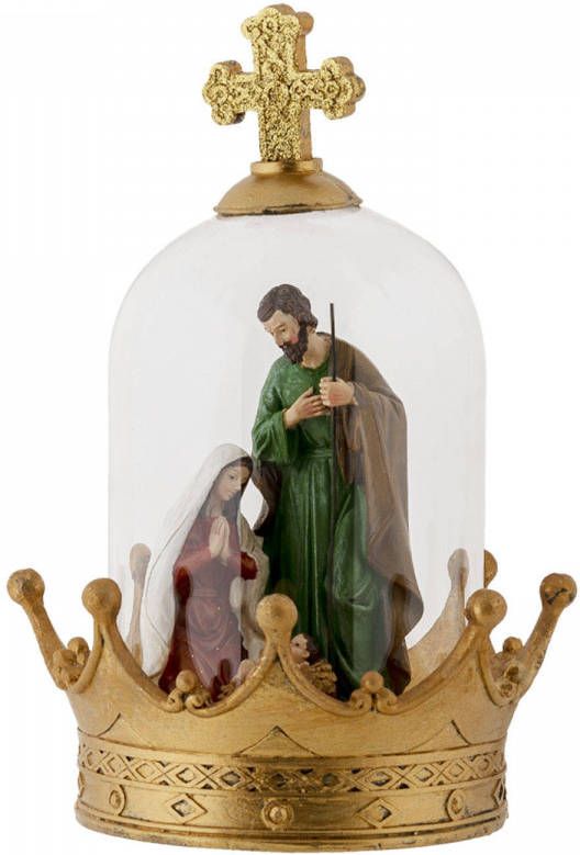 Clayre & Eef Kerststolp Jezus Ø 19*27 cm Goudkleurig Kunststof Glas Rond Glazen Stolp met Decoratie