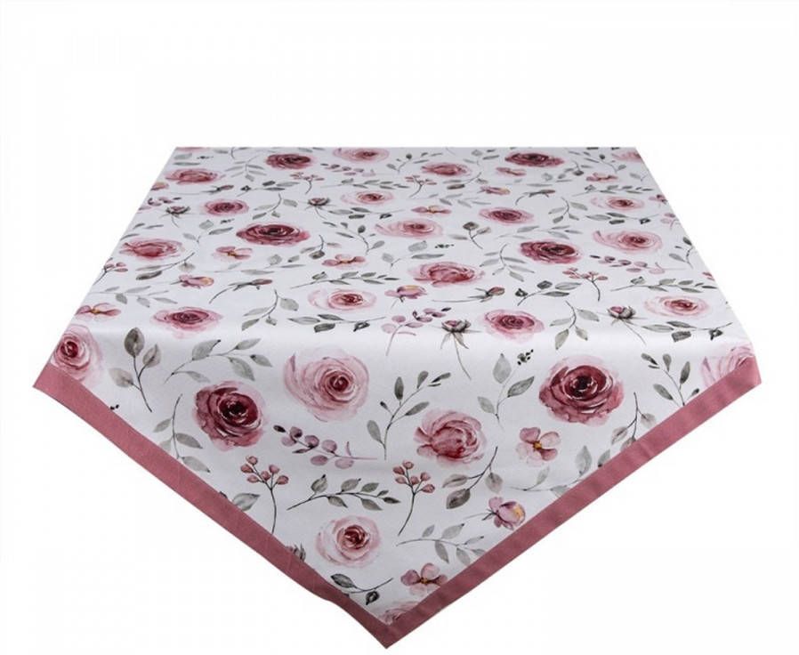Clayre & Eef Tafelkleed 100x100 cm Wit Roze Katoen Vierkant Rozen