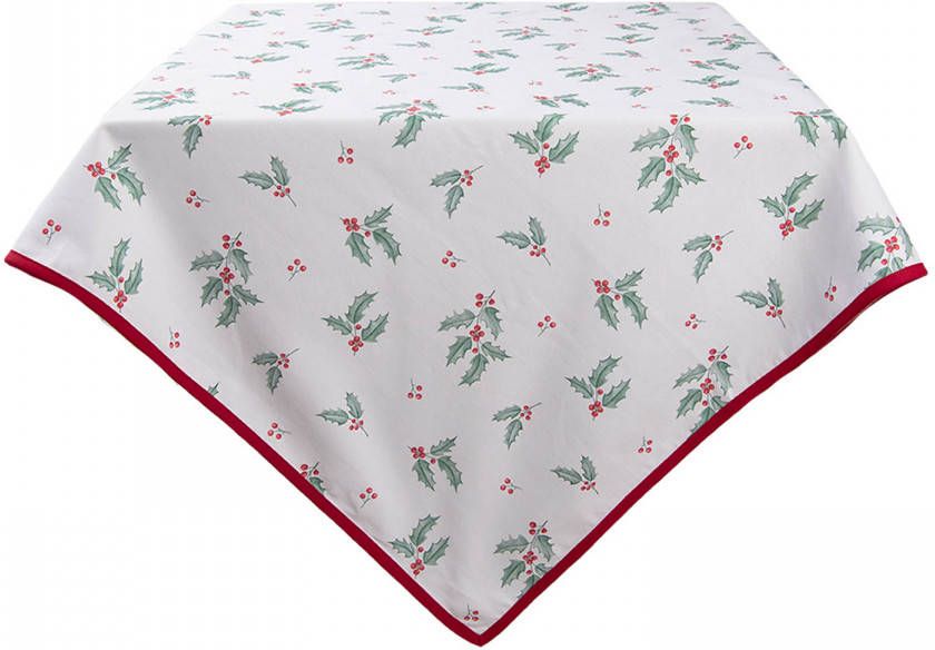 Clayre & Eef Tafelkleed 130x180 cm Wit Rood Katoen Rechthoek Hulstbladeren Tafellaken Wit Tafellaken