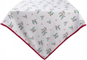 Clayre & Eef Tafelkleed 150x250 Cm Wit Rood Katoen Rechthoek Hulstbladeren Tafellaken Tafellinnen Tafeltextiel Wit