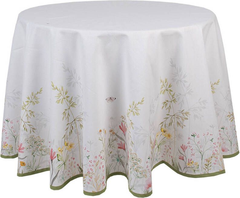 Clayre & Eef Tafelkleed Ø 170 cm Wit Katoen Rond Bloemen Tafellaken Wit Tafellaken