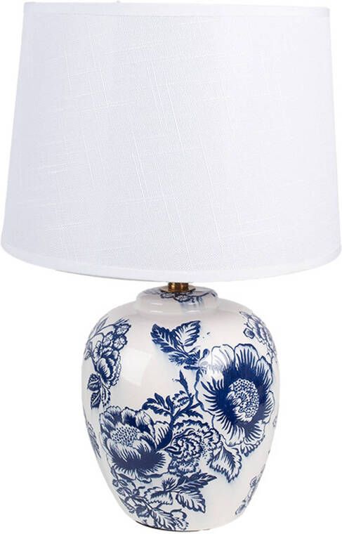 Clayre & Eef Tafellamp Ø 28x42 cm Wit Blauw Keramiek Bureaulamp Wit Bureaulamp